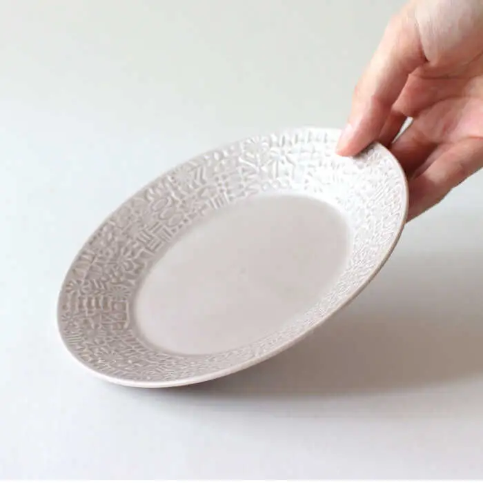 【波佐見焼】PATTERNED PLATE・MUG ペア 4点セット ecru + greige　【BIRDS’ WORDS】[CF087]