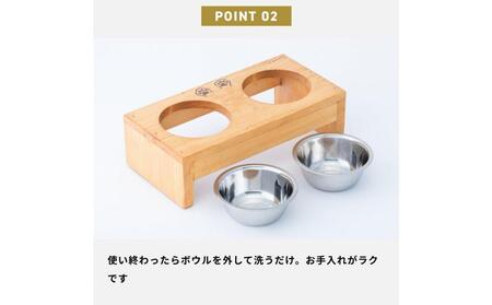 ペット用 フードボウル ダブル 食器台 ( 縦16cm × 横32cm × 高さ9cm ) ワンちゃんスタンプ  | ペット用品 木 木製 餌台 ボウル付 犬 いぬ 犬用 猫 ねこ 猫用 ペット ペットフード ペットボウル 皿 お皿 大川家具