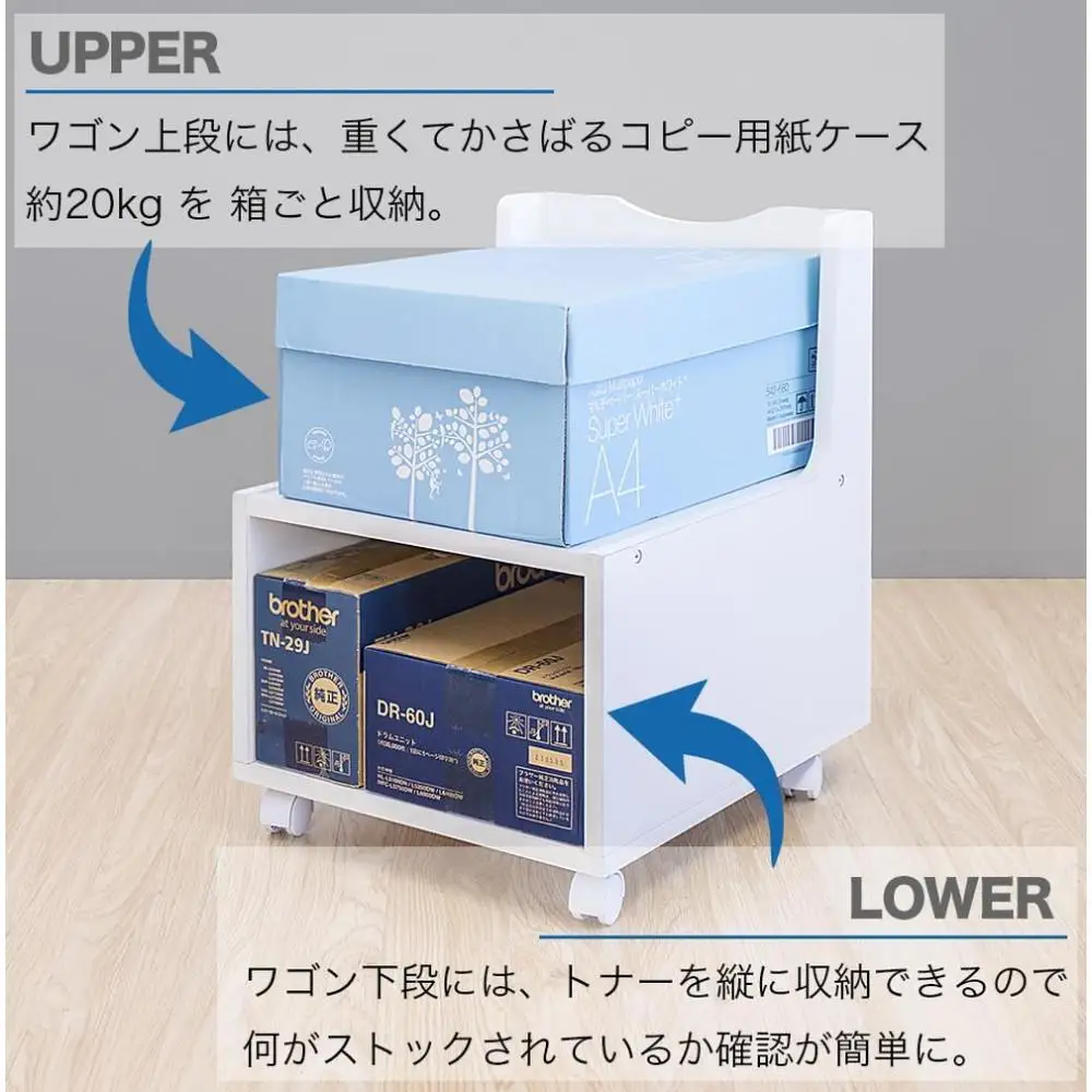 オフィス収納台W455 ホワイト 複合機ラック プリンター台 幅約45cm 奥行き約50cm キャスター付きワゴン SNG101309211