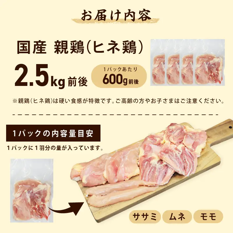 国産親鶏 ヒネ鶏 合計 2.5kg前後 小分け 600g前後×4P