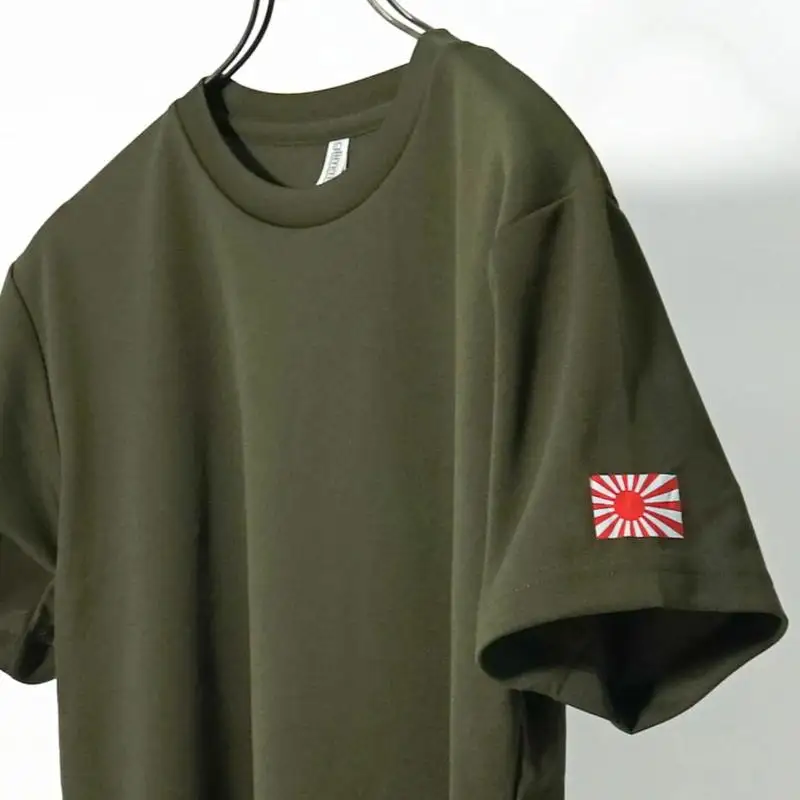 Tシャツ【左腕 軍艦旗】自衛隊グッズ ワンポイント 旭日旗　オリーブグリーン　4Lサイズ ku091-081-4l-r