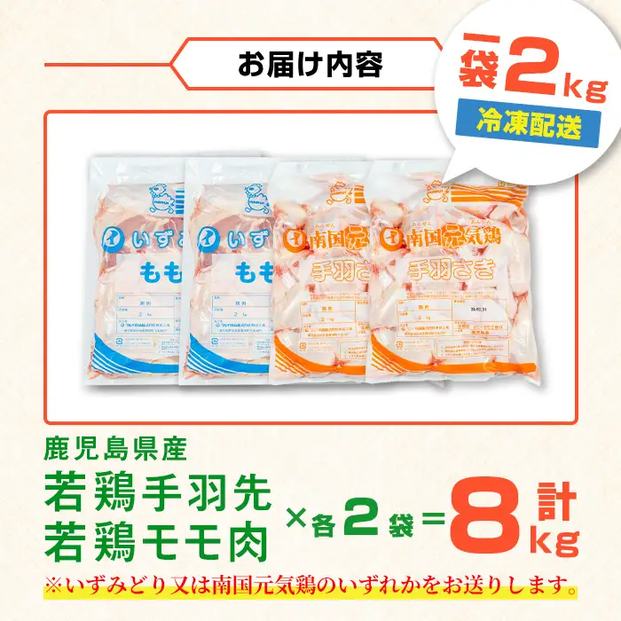 i1096 鹿児島県産 若鶏モモ肉・手羽先セット (各2kg×2P・計8kg ) 鶏肉 もも肉 手羽先 国産 九州産 お肉 モモ 手羽 手羽さき チキン 冷凍 セット 詰め合わせ 【まつぼっくり】