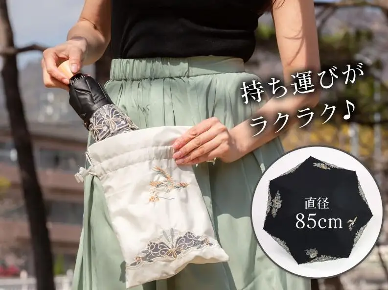 【シノワズリーモダン京都】花鳥オーガンジーカットワーク刺繍ミニ折りたたみ日傘 グレー
