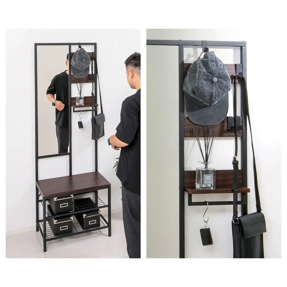 多機能 ハンガーラック ミラー付 ブラウン 約W62×D33×H169.5cm AKU104491001