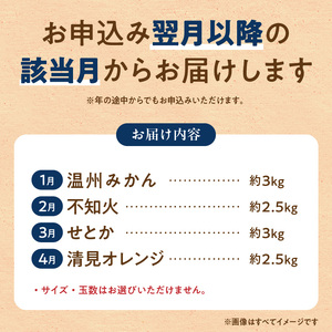 【定期便 全4回】紀州和歌山産旬の柑橘セット(みかん・不知火・せとか・清見)全4回_G60-T99