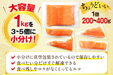 訳あり ノルウェー産 アトランティック サーモン 1kg 3-5p入 柵 おさしみ用 個包装 