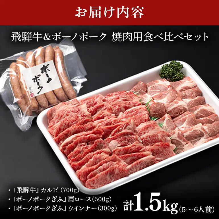 飛騨牛 A5等級【冷蔵配送】飛騨牛・ボーノポーク・ウインナー 焼肉用食べ比べセット 5～6人前【1.5kg】着日指定可