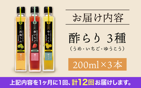 【12回定期便】酢らり 果実酢 3本 うめ/いちご/ゆうこう [CDN131]