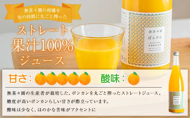 ＜無茶々園 柑橘ジュース 3本セット（720ml×3）＞『1か月以内に順次出荷予定』果汁 100% 温州みかん 果物 オレンジ ポンカン ジューシーフルーツ ドリンク 飲料 果実飲料 飲み物 ギフト 贈答用 お取り寄せ お祝い 特産品 愛媛県 西予市【常温】AMC0056
