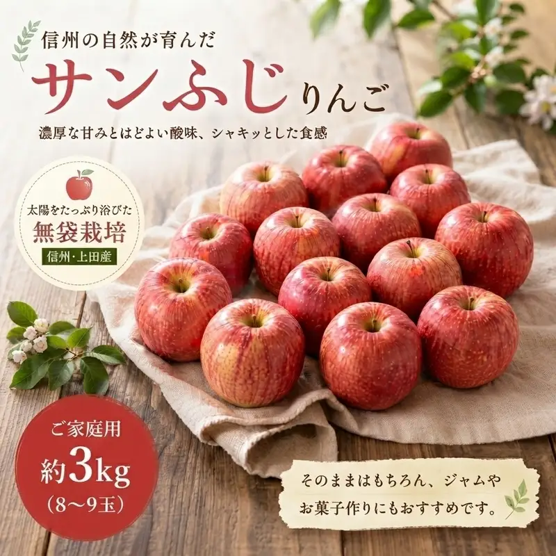 りんご 信州上田産 サンふじ 家庭用 約3kg リンゴ 林檎 3kg サンフジ 果物 くだもの フルーツ デザート 旬の果物 旬のフルーツ 傷 長野県 長野 上田市