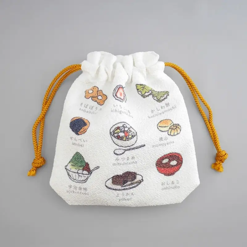 丹後ちりめん　にほんご巾着「wagashi（和菓子）」 サイズ：約13.5cm×17.5cm