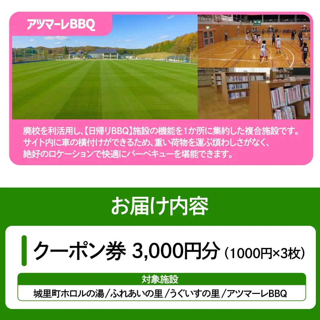 ＜城里町ホロルの湯、ふれあいの里、うぐいすの里、アツマーレBBQで使えるクーポン券＞3,000円分 （1000円×3枚） (BF019)