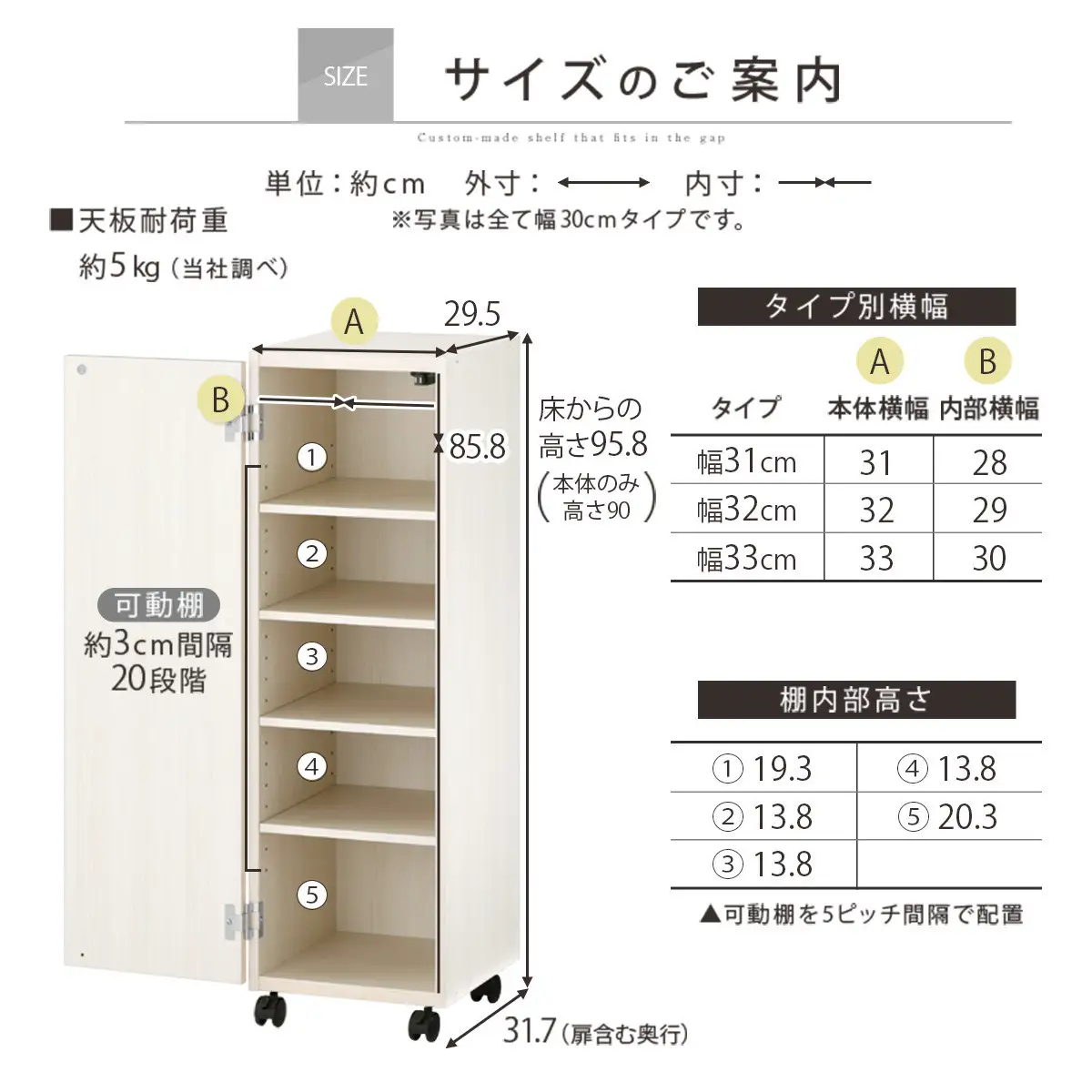 【国産家具】オーダーすき間ラック〔幅32cm・キャスター・扉付き・ロータイプ〕（オーク）すき間ラック 収納棚 約 奥行32 高さ96 扉付き キャスター付き スリム 薄型 木製 扉付 5段 ABE400110-32-OAK