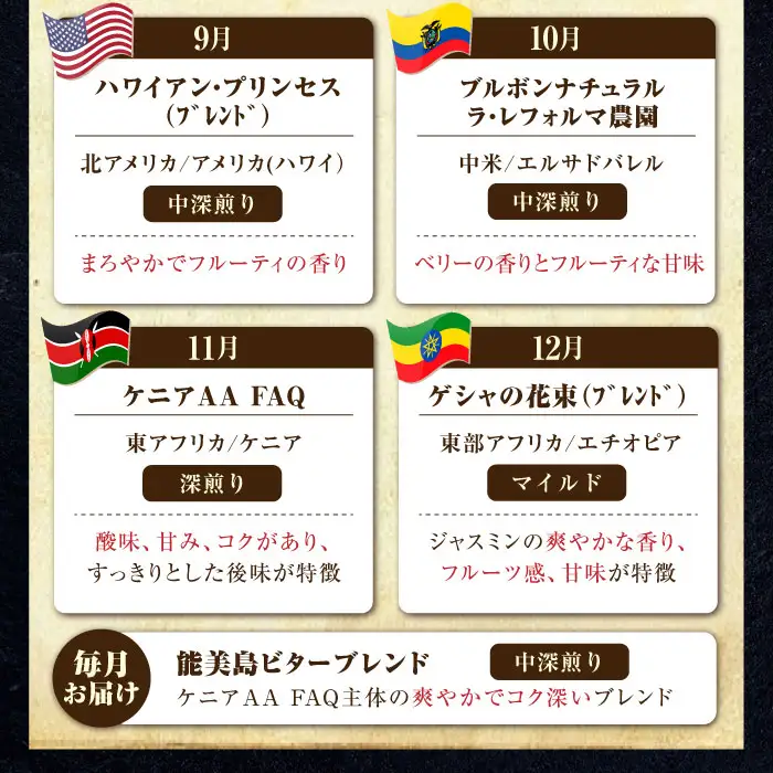 【全12回】能美島ビターブレンドセット コーヒー豆or粉 全13種 コーヒー[XBE085]