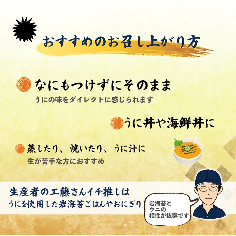 漁師の手作り本物の味！生塩水ウニ ミョウバン不使用【津花食堂 塩水ウニ：100g×2パック】＜ 北海道 北海道産 ウニ うに 雲丹 塩水ウニ ミョウバン不使用 生ウニ うに丼 海鮮丼 寿司 ＞