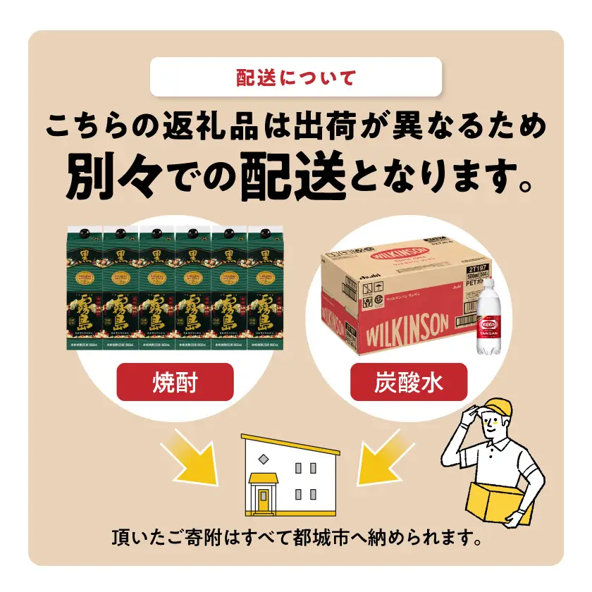 【霧島酒造】黒霧島パック(25度)1.8L×6本+ウィルキンソン炭酸水500ml×24本 ≪みやこんじょ特急便≫〔47E-07-511-Q_99〕_(都城市) 霧島酒造 黒霧島 炭酸水 ウィルキンソン タンサン