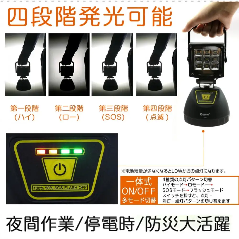 充電式LED 9W USB出力 底部 強力マグネット 120°ワイド 広角照射 作業灯 スタンドライト YC-9T