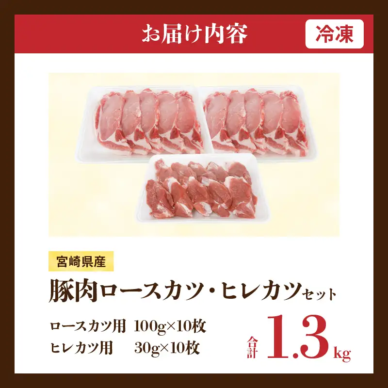 宮崎県産 豚肉ロースカツ用＆ヒレカツ用セット 合計1.3kg 国産 食品 2種 食べ比べ とんかつ トンテキ ポークステーキ 角煮 ソテー 豚丼 小分け おすすめ おかず お弁当 晩ご飯 手軽 便利 万能食材 ギフト 贈り物 冷凍 日南市 送料無料_BB156-25