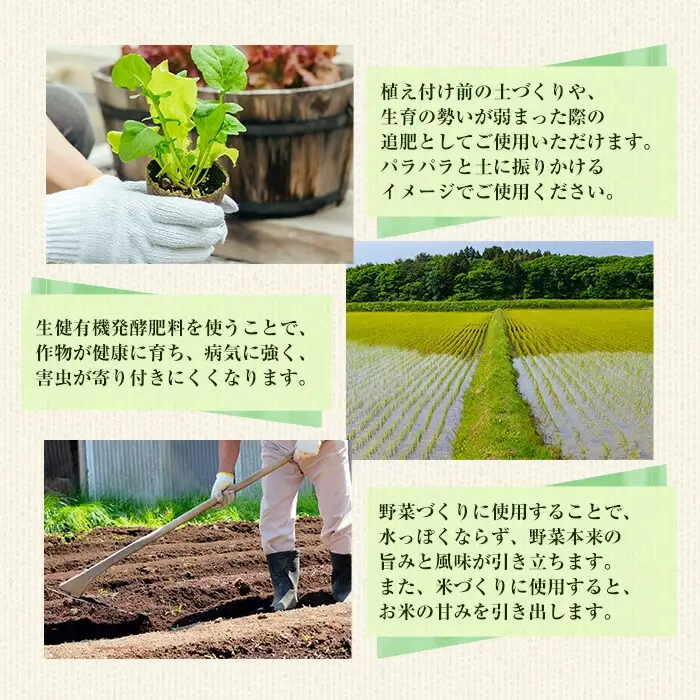 生健 有機 発酵肥料 （2kg×3袋） 有機農業 家庭菜園 自然派資材 プランター 露地栽培 に最適 有機JAS資材認証【00-035-07】