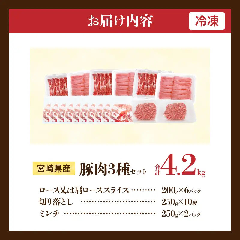 宮崎県産 豚肉 3種 セット (合計4.2kg) 国産 食品 切り落とし ロース 肩ロース スライス ミンチ しゃぶしゃぶ 生姜焼き 豚丼 ハンバーグ 餃子 ミートソース 個包装 小分け おすすめ おかず お弁当 晩ご飯 手軽 便利 ギフト 贈り物 冷凍 日南市 送料無料_D108-25