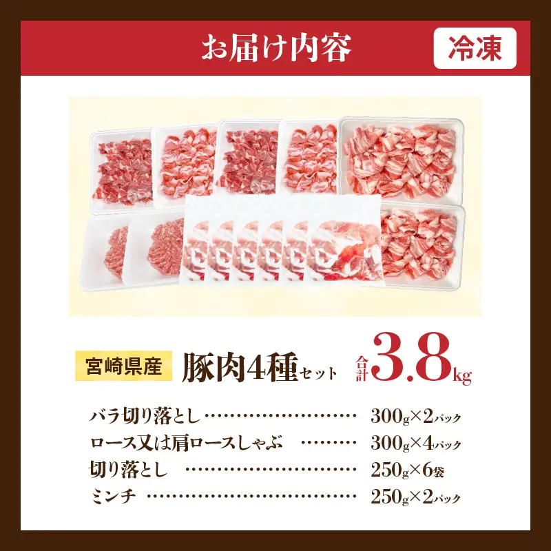 宮崎県産 豚肉 4種 セット (合計3.8kg) 国産 食品 豚バラ 切り落とし ロース 肩ロース ミンチ しゃぶしゃぶ 豚丼 ハンバーグ 餃子 ミートソース 個包装 小分け おすすめ おかず お弁当 晩ご飯 手軽 便利 万能食材 ギフト 贈り物 冷凍 日南市 送料無料_DA47-25