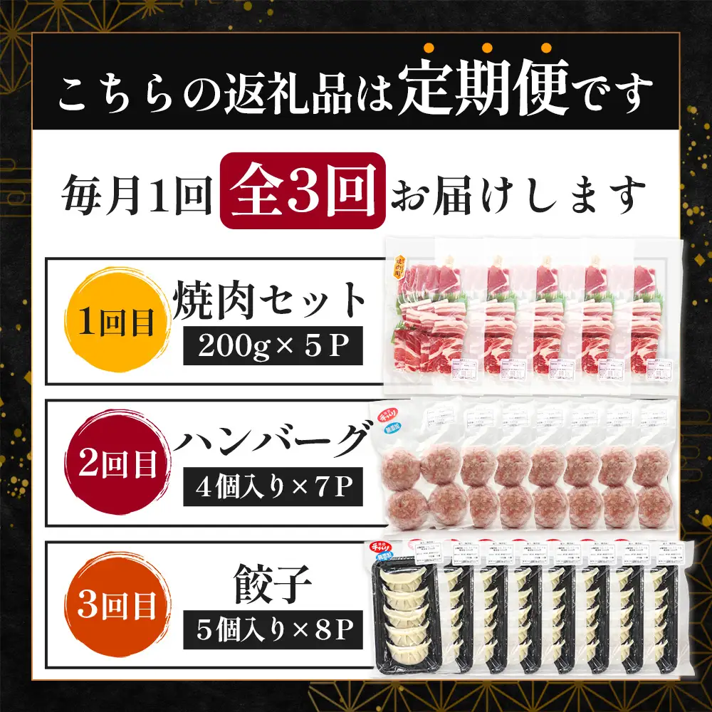 【定期便全3回】ひかり麦豚 わんぱく定期便 ≪月替わりで焼肉・ハンバーグ・餃子をお届け！≫ 冷凍 HM-10 | 肉 お肉 にく 豚肉 焼き肉 ロース肉 肩ロース バラ肉 ハンバーグ ギョウザ ぎょうざ 真空冷凍 産地直送 小分け パック 手作り 鹿児島県 南大隅町 ひかり麦豚直売所