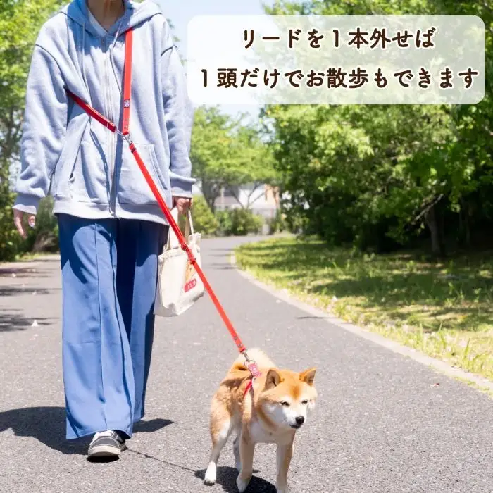 ショルダーリード2頭引き 絡まない 肩掛け ハンズフリー 240g | 犬用 犬リード 肩掛け たすき掛け 手持ち 多機能リード お散歩 外れ防止設計 安心設計 日本製 ペットグッズ ペット用品 おしゃれ 可愛い プレゼント 贈り物 てるべる 埼玉県 越谷市