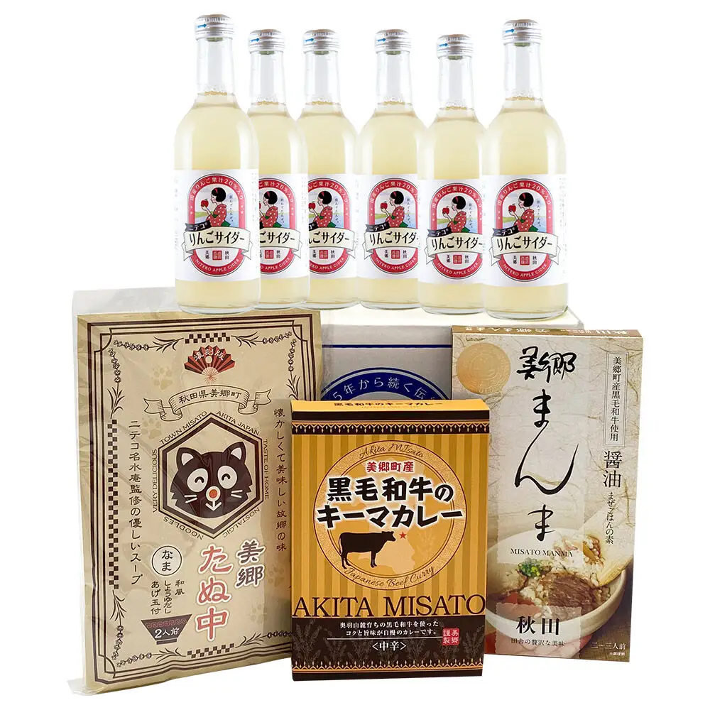 りんごサイダー6本とたぬ中・キーマカレー・美郷まんまのセット 炭酸飲料 カレー キーマカレー レトルト 中華麺 まぜごはん