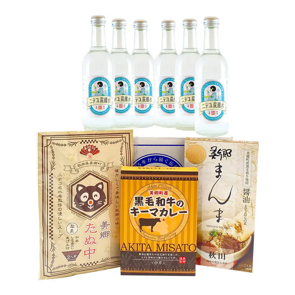 ニテコ炭酸水6本とたぬ中・キーマカレー・美郷まんまのセット 炭酸飲料 カレー キーマカレー レトルト 中華麺 まぜごはん