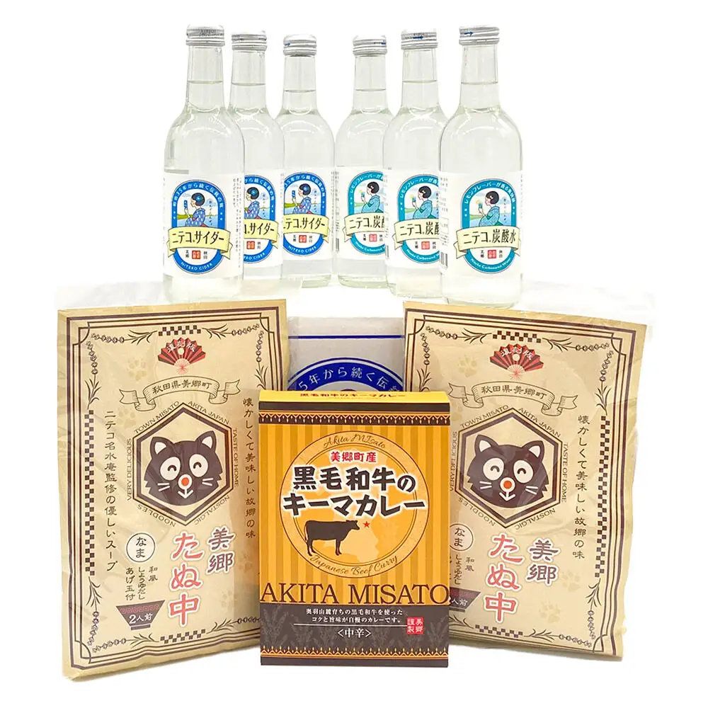 ニテコサイダー3本・ニテコ炭酸水3本とたぬ中・キーマカレーのセット 炭酸飲料 カレー キーマカレー レトルト 中華麺