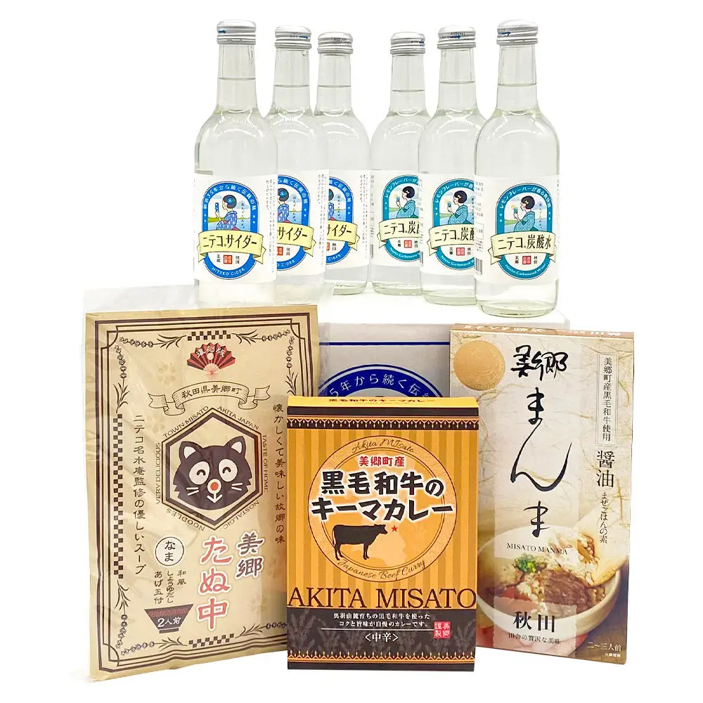 ニテコサイダー3本・ニテコ炭酸水3本とたぬ中・キーマカレー・美郷まんまのセット 炭酸飲料 カレー キーマカレー レトルト 中華麺 まぜごはん