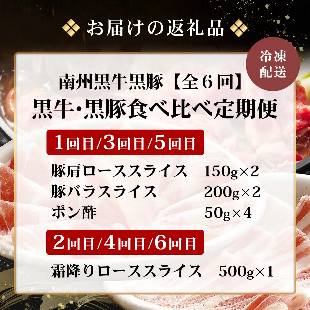 ≪全6回≫ 鹿児島県産 ◆ 黒牛＆黒豚食べ比べ 定期便◆  南州黒牛 かごしま黒豚 NS-28 | 牛 肉 お肉 ブランド牛 黒毛和牛 鹿児島黒豚 黒豚 豚肉 豚 ぶた肉 霜降り サシ ロース しゃぶしゃぶ すき焼き すきやき 甘い やわらかい 冷凍 産地直送 肉定期便 南大隅町