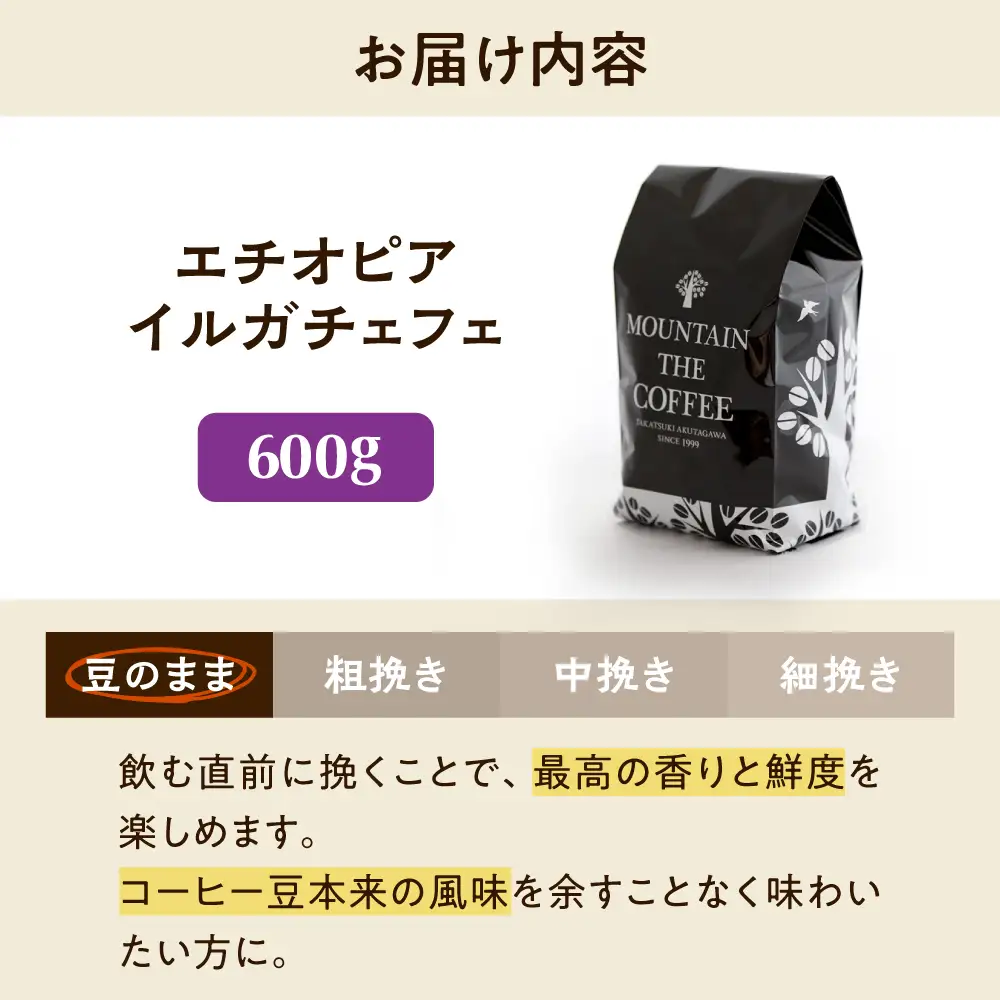 【スピード発送】エチオピア・イルガチェフェ  600g 豆のまま コーヒー 珈琲 豆 粉 コーヒー豆 コーヒー粉 ドリップ ギフト 大阪府高槻市/自家焙煎コーヒー マウンテン[AOEL015-01]