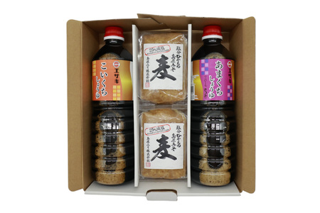 BJ475 醤油 (甘口1L・濃口1L）2本 減塩麦みそ500g 2パック