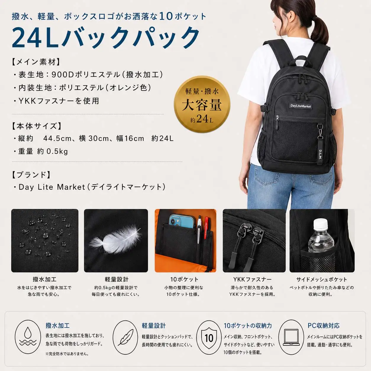 撥水、軽量、ポケット多数、ボックスロゴがお洒落な 10ポケット 24L ブラック WZ013-1