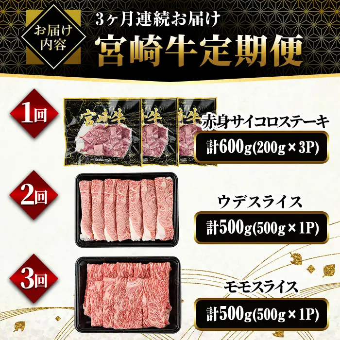 【定期便・全3回(連続)】宮崎牛 赤身 定期便 (全3回) すき焼き お肉 牛肉 黒毛和牛 宮崎牛 ブランド和牛 冷凍 国産 肩 ウデ モモ サイコロ ステーキ スライス 宮崎県産 しゃぶしゃぶ 【YA018】【YAMATO株式会社】
