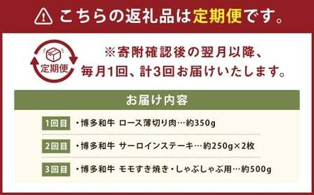 【3ヶ月定期便】 博多和牛 食べ比べ定期便 ／ 合計約1350g ロース サーロインステーキ モモ すき焼き しゃぶしゃぶ 和牛 牛肉 お肉 福岡県産 九州産