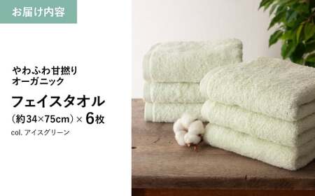 やわふわ甘撚りオーガニック フェイスタオル(アイスグリーン×6枚) 【m100-22-6P-B】【トクダ】