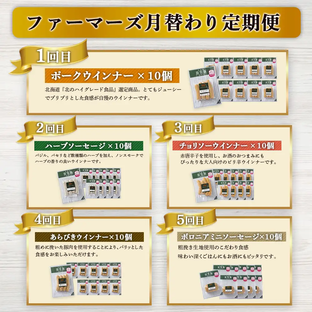 【定期便：5回】《毎月違うのが届く！》北海道産放牧豚 無添加ウインナー・ソーセージ定期便（5種各10個）【12010301】