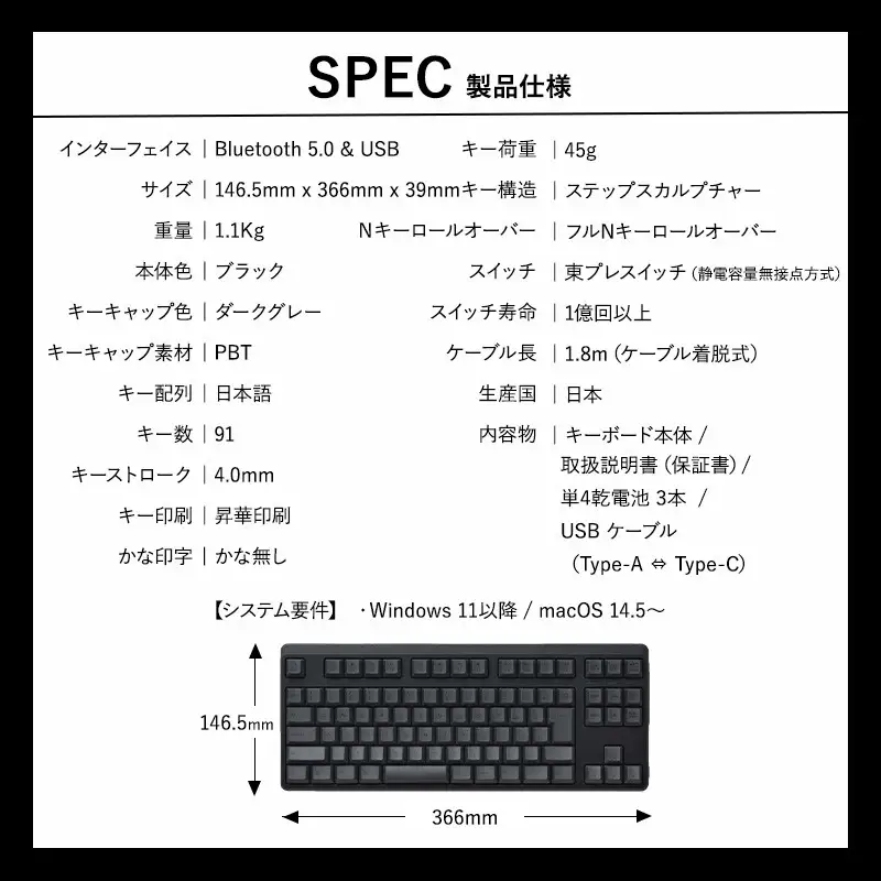 東プレ REALFORCE R4 プロのためのプレミアムキーボード 日本語配列 テンキーレス 45g 黒 (型式：R4HC11)｜キーボード