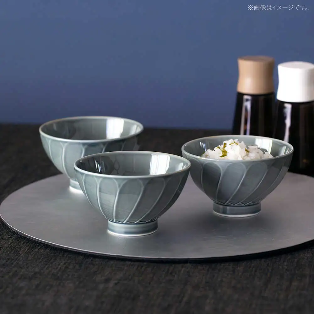 【波佐見焼】彫刻紋 藍墨 茶碗 〈斜め彫〉3点セット【西海陶器】[OA521]