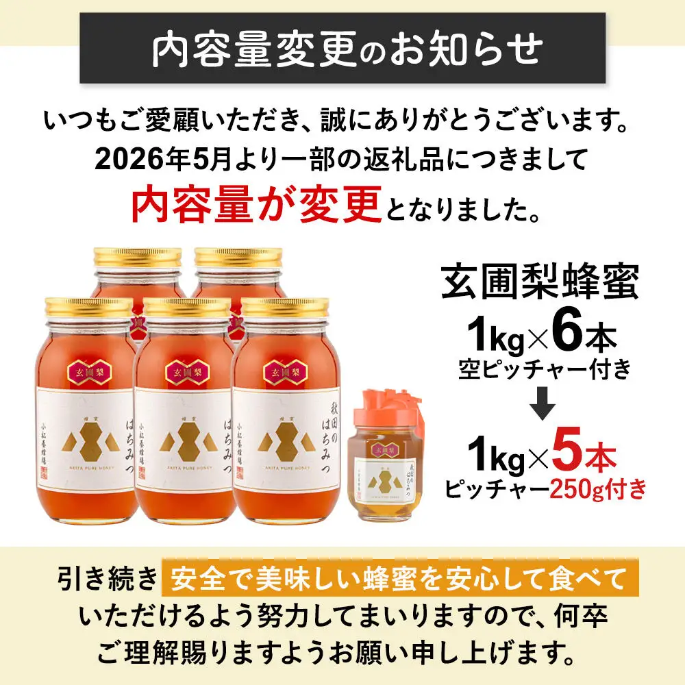 【新蜜】小松養蜂場 はちみつ 秋田県産 100％ 玄圃梨蜂蜜 1kg×5本 ピッチャー250g付 計5.25kg
