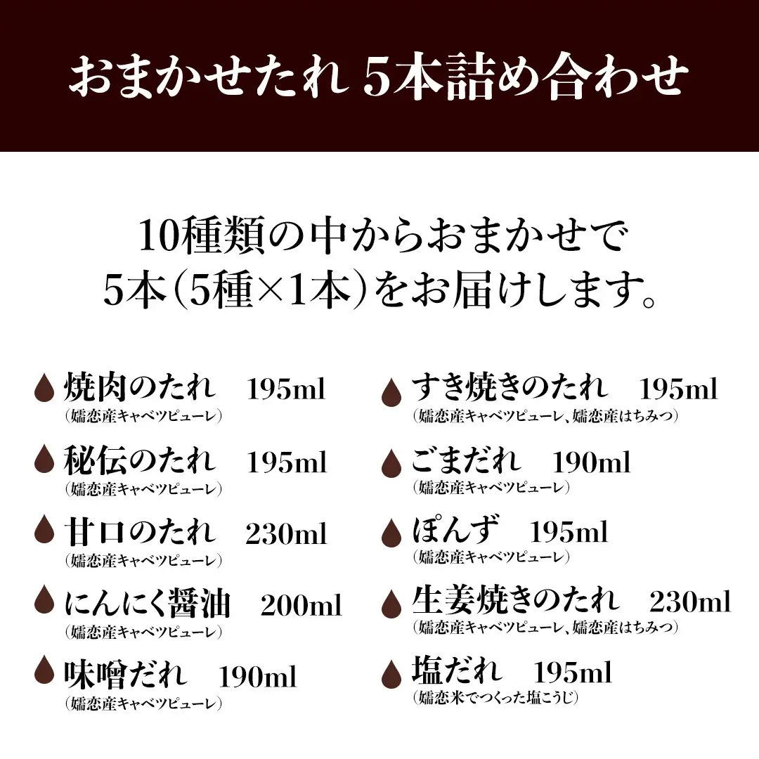 【訳あり】 肉料理のタレ おまかせ 5本 詰め合わせ [AH059tu]