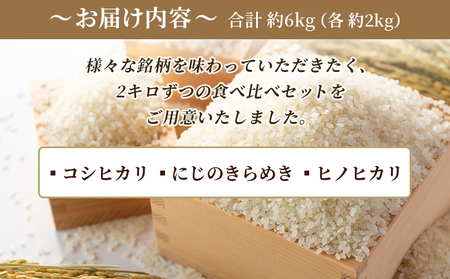 ＜令和7年産 お米 食べ比べ 3種セット 合計約6kg（各2kg）＞ 米 コメ こめ 白米 精米 コシヒカリ にじのきらめき ヒノヒカリ 穀物 特産品 宇都宮米穀 愛媛県 西予市【常温】『最短10営業日以内に順次出荷予定』NKU0004