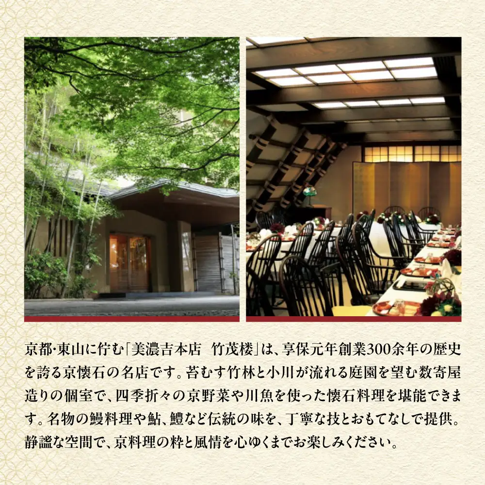 【美濃吉本店竹茂楼】特別京懐石コース(紅コース/夜のみ)ペア食事券｜京都 老舗料亭 名店 人気 食事券