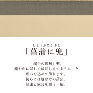 掛け軸「菖蒲に兜」 富岡蘇峰 尺八横 サイズ：65×135cm 桐箱付 掛け軸 和室 おしゃれ 日本画 表装 床の間