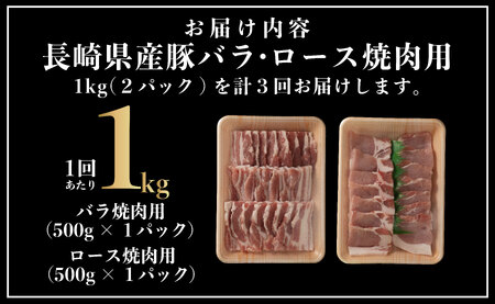 《定期便》長崎県産豚 バラ･ロース 焼肉用 2種食べ比べ 計1kg(バラ500g×1･ロース500g×1)【3回お届け】