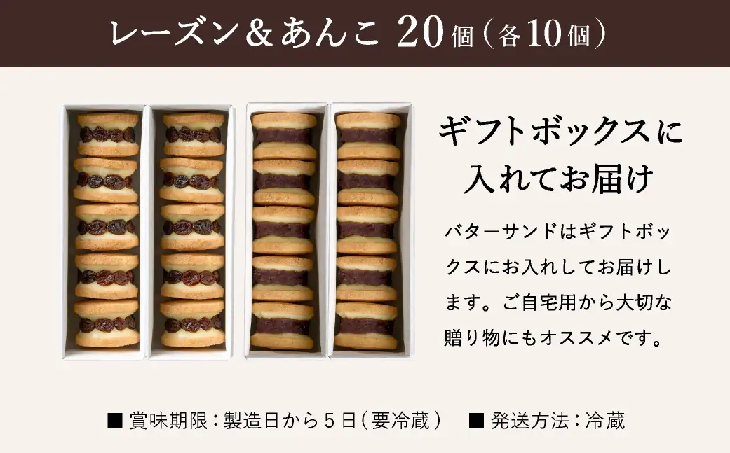 レーズンバターサンド10個 & あんこバターサンド10個　計20個 / バターサンド ギフトボックス入り 濃厚 クッキー スイーツ 冷たい おしゃれ お取り寄せ お菓子 レーズンサンド プレゼント 手土産 洋菓子 焼き菓子 プチギフト スイーツ ギフト 半歩 キノシタ