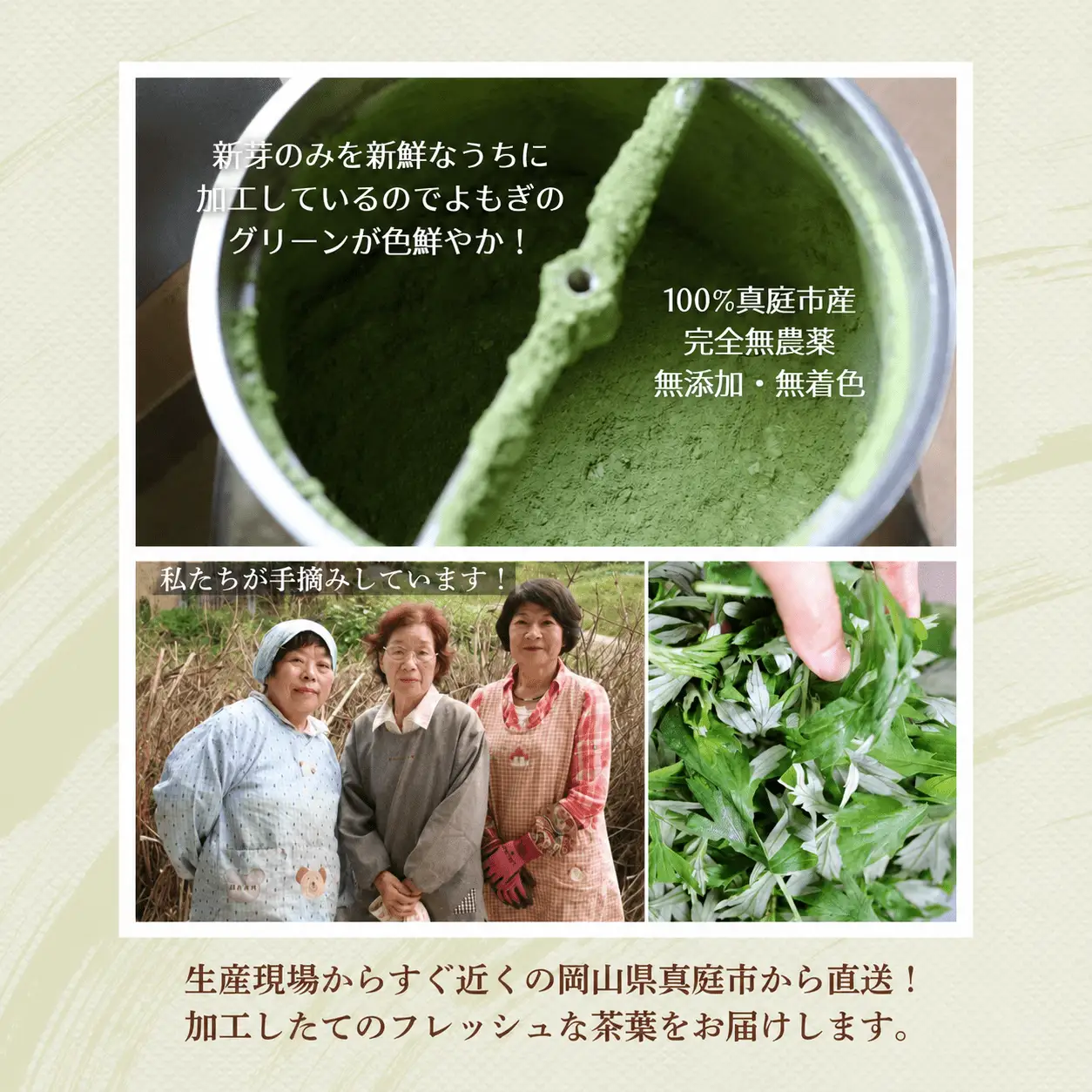 お茶 岡山県真庭市産 農薬不使用のお茶粉末よもぎ茶1袋 【savon011-01】
