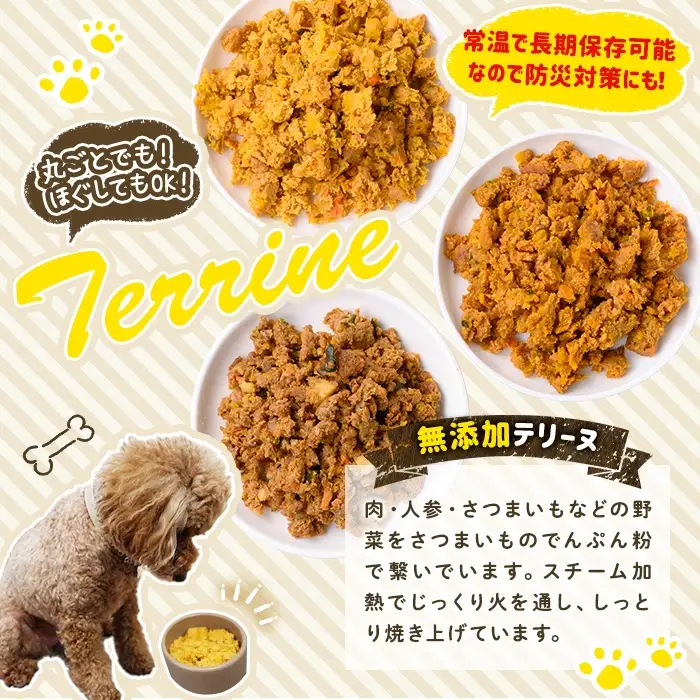 a1091-D 【3回定期便】＜保存料・着色料 不使用＞愛犬用無添加テリーヌ レトルトパック 7種セット 7袋×3回(1袋約100g・合計約2.1kg)【Nフードサービス】姶良市 牛 豚 鶏 鹿 馬 魚 ダチョウ テリーヌ 犬 ドッグ ペット フード エサ レトルト おやつ ごはん ご飯 間食 ご褒美